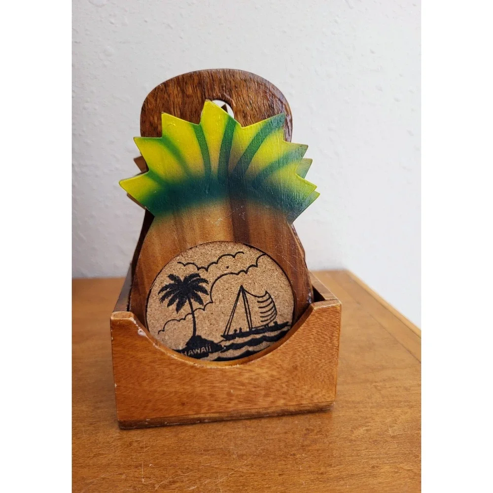 Vintage‎ Pineapple Shaped Cork Coasters w/ Holder Philippines MCM Beach Tiki